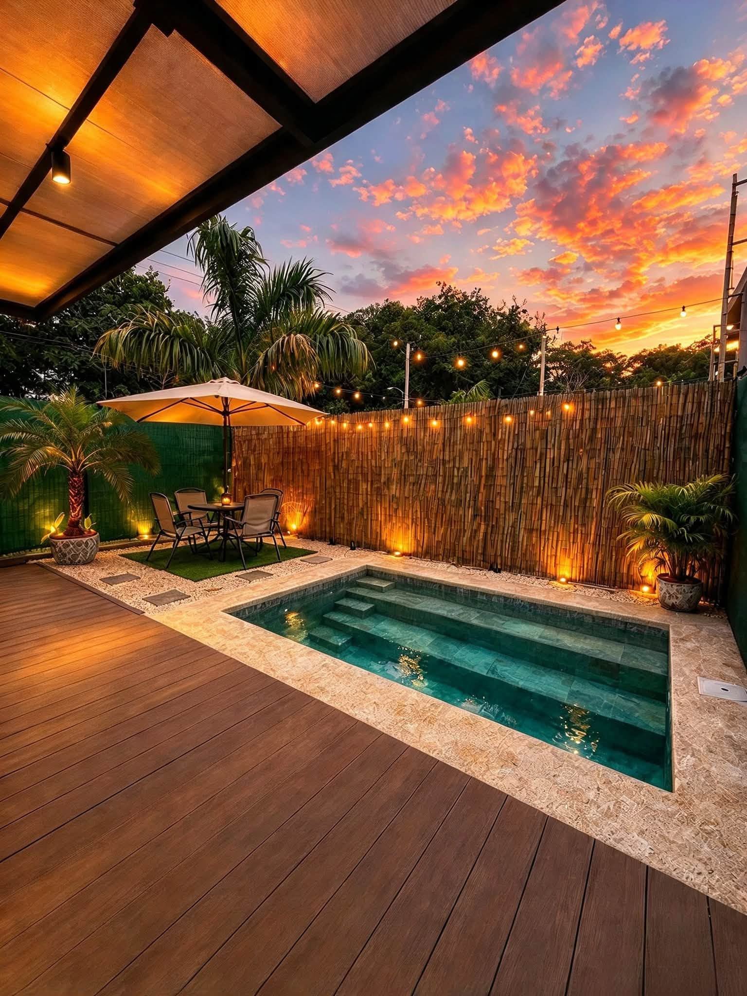 Piscina privada de Casa Oasis al atardecer, con luces cálidas y cerca de bambú